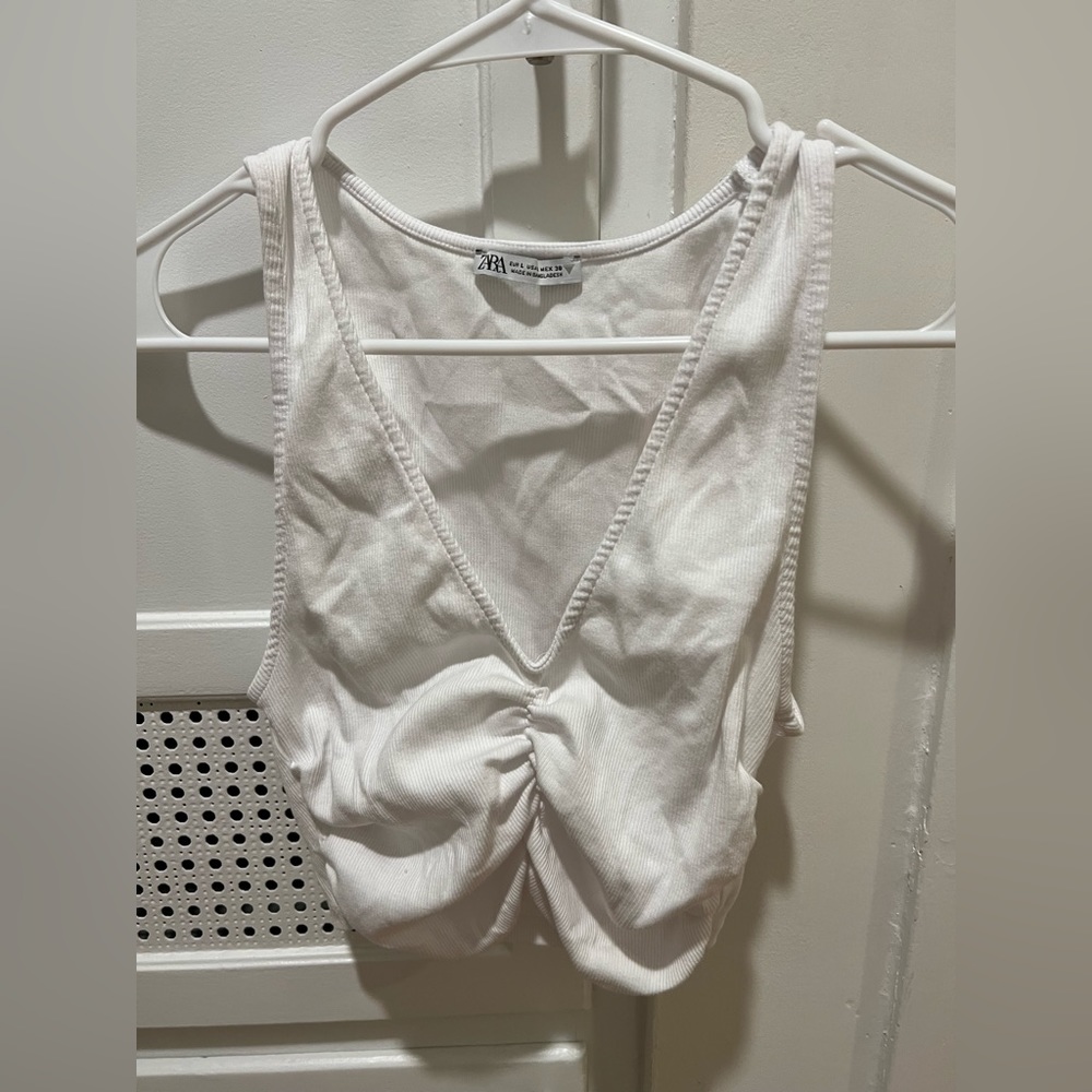 Zara Cinched V-Neck Tank Crop Top in White